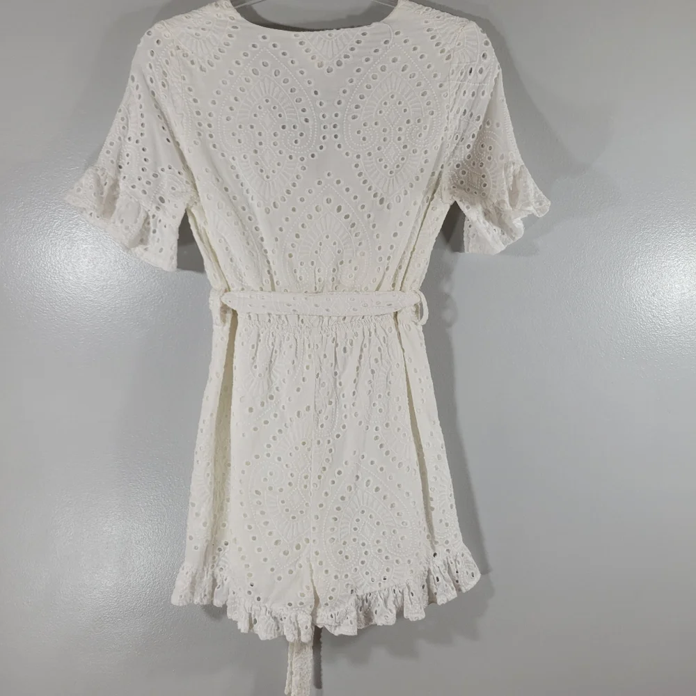 EVERLY white eyelet surplice faux wrap belted cotton ruffle hem romper